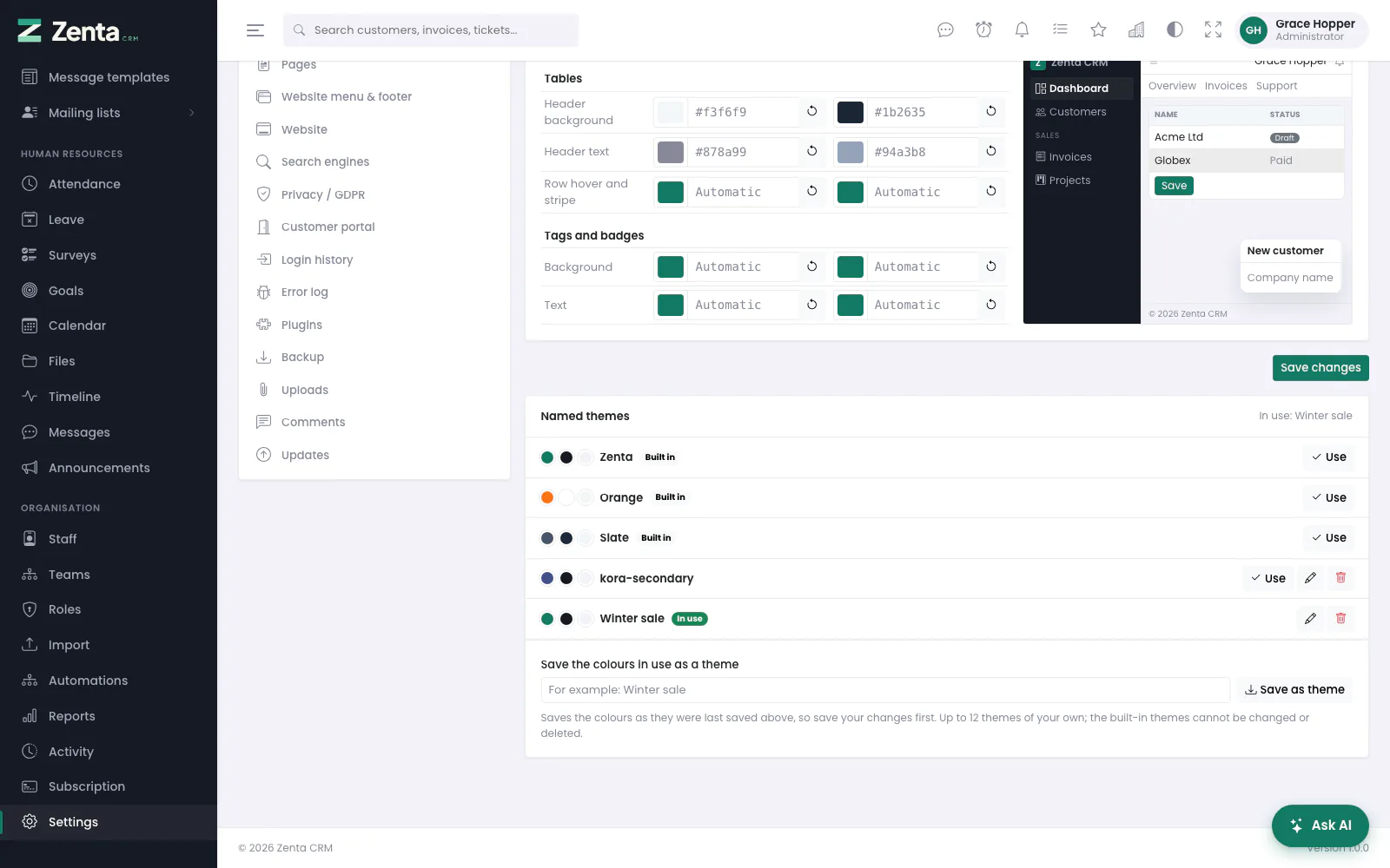 Named themes: three built in, the workspace's own below them, and the one in use marked.