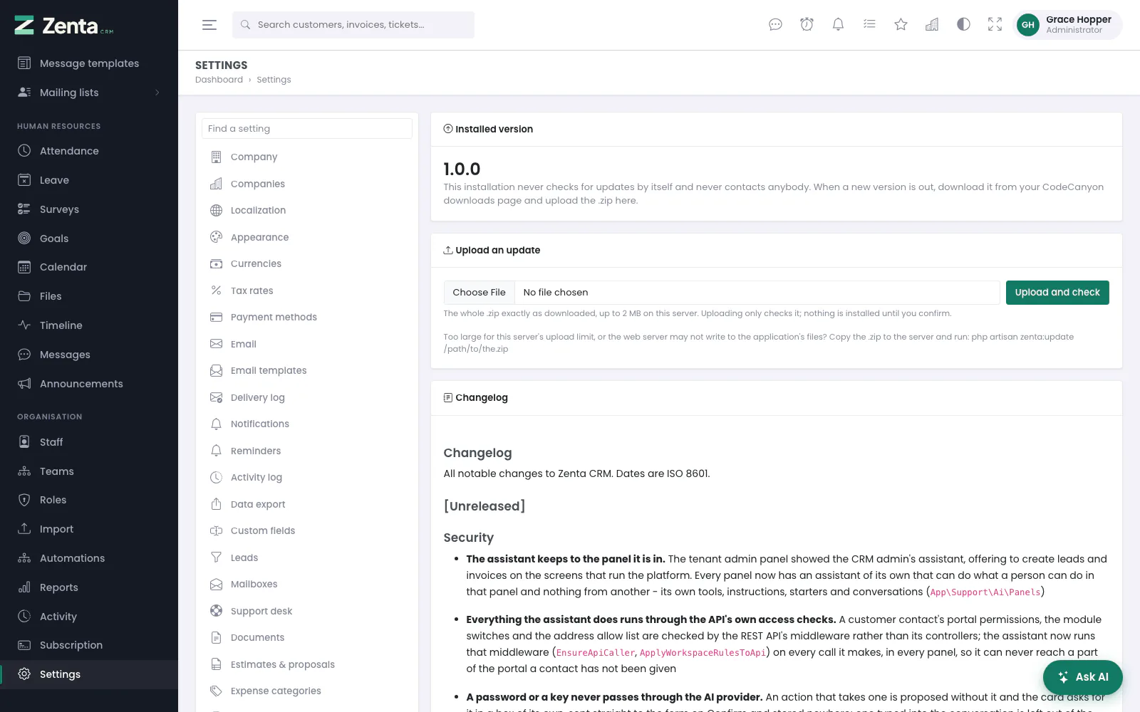 Updates: the version installed, the upload form, and the changelog.
