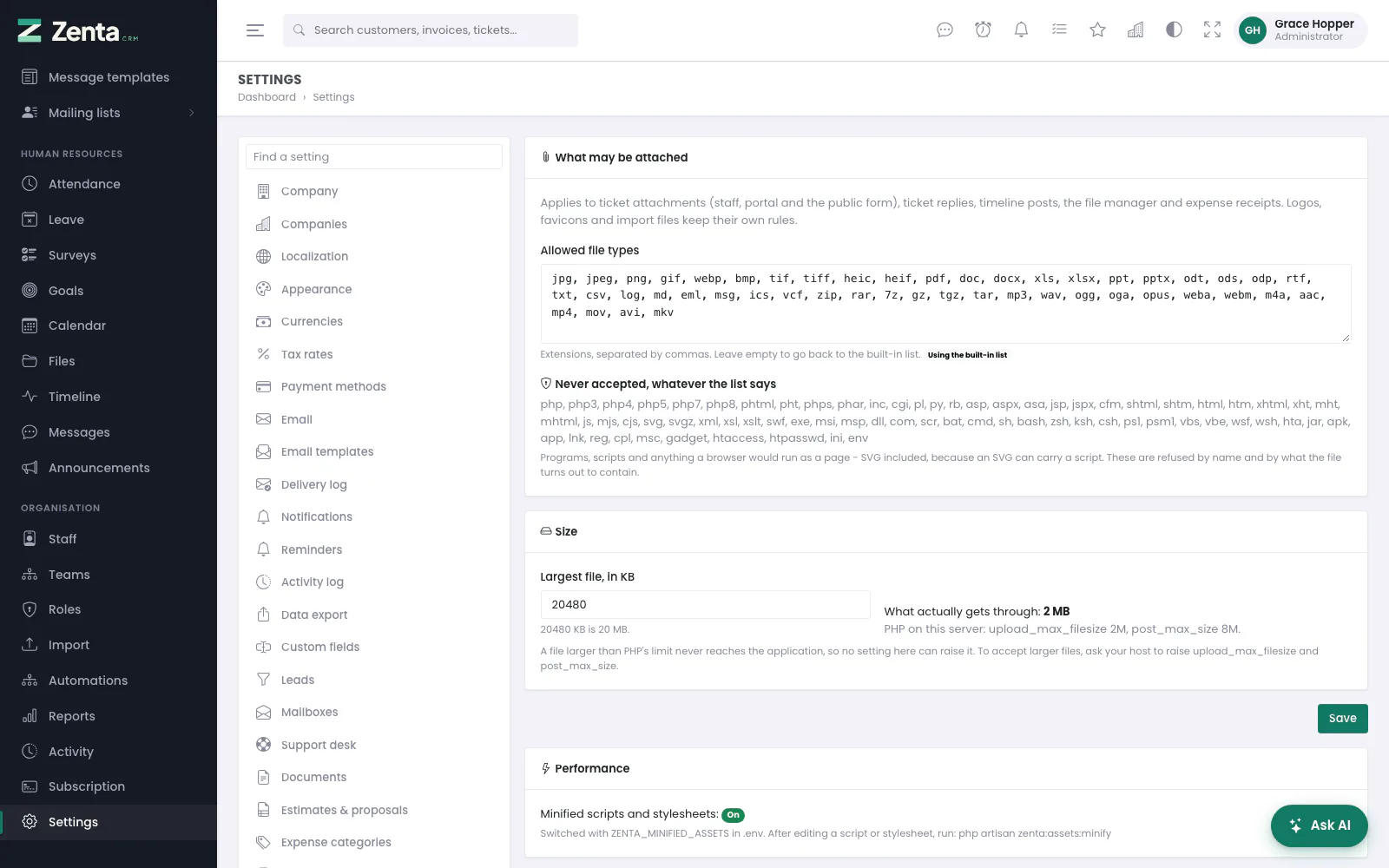 Uploads: what may be attached, the largest file, and what actually gets through.