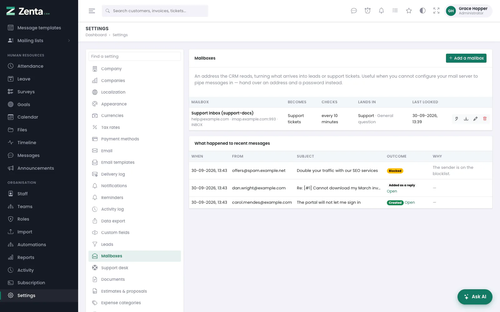 Settings → Mailboxes: the mailboxes being read, and what happened to recent messages.