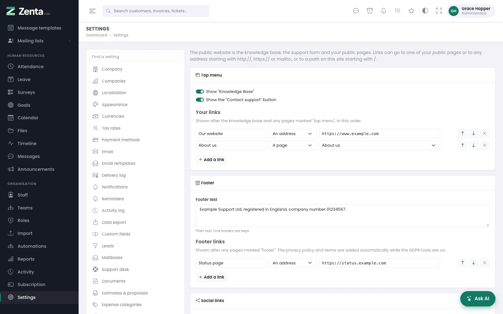 Settings → Website menu & footer: the top menu, your links, the footer text and footer links.