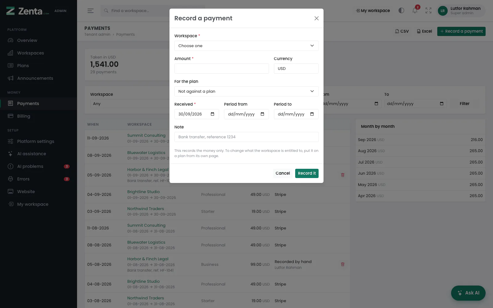 Recording a bank transfer.