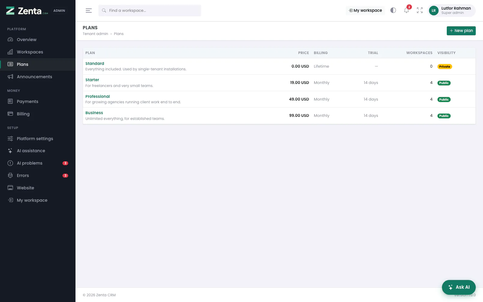 Plans: price, billing period, trial, how many workspaces are on each, and whether it is offered publicly.