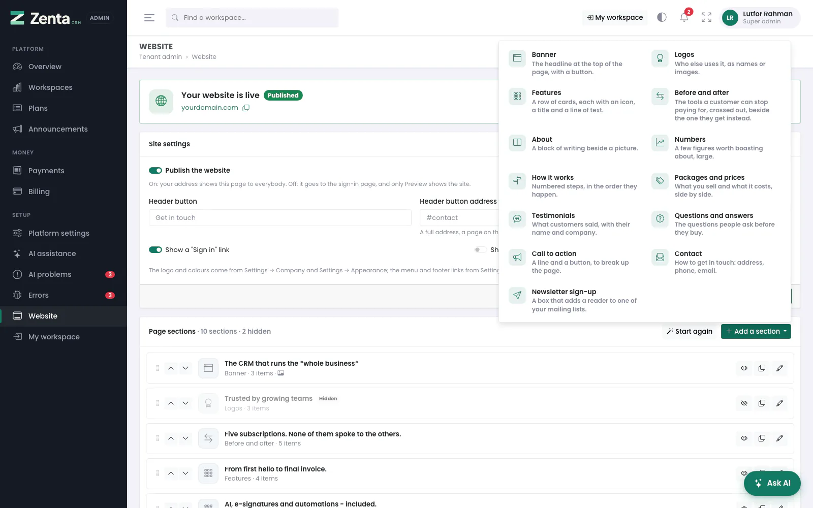 Add a section: the twelve kinds of section a page is built from.