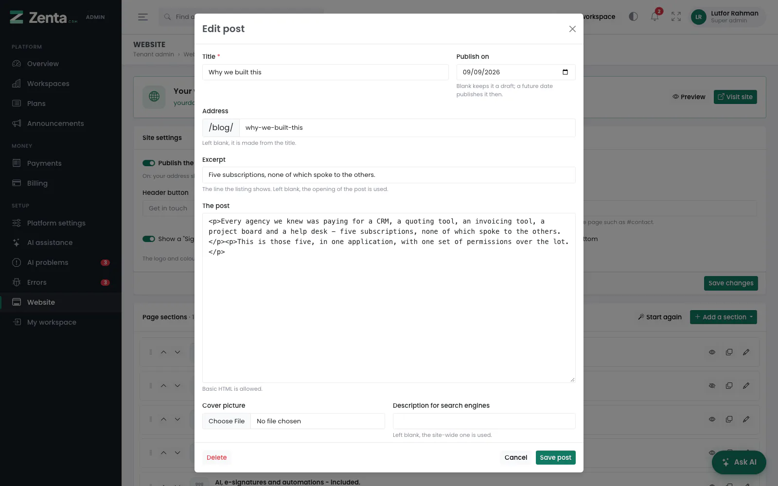 Editing a post. Delete is at the bottom left.