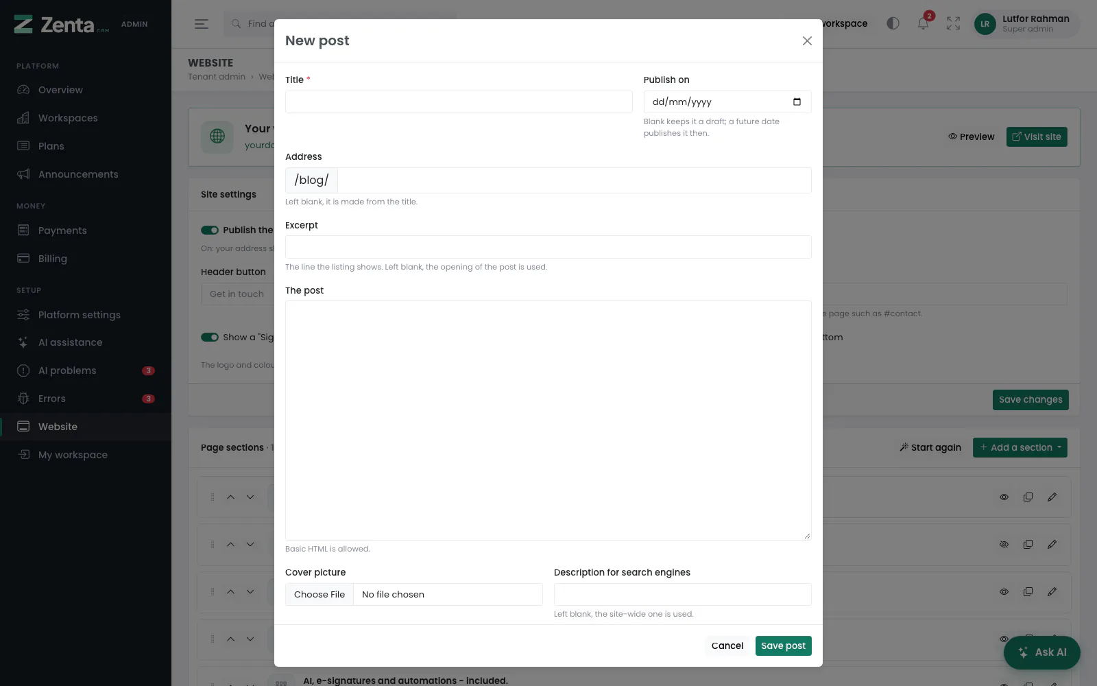 Writing a post. Leave Publish on blank to keep it a draft.