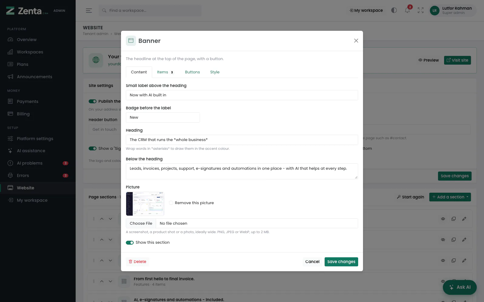 A section opens in a window with up to four tabs: Content, Items, Buttons and Style.