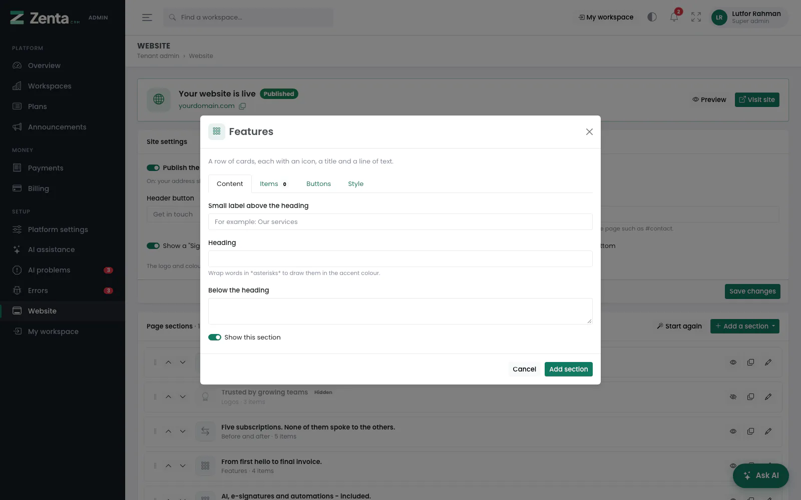 A new Features section, on its Content tab.