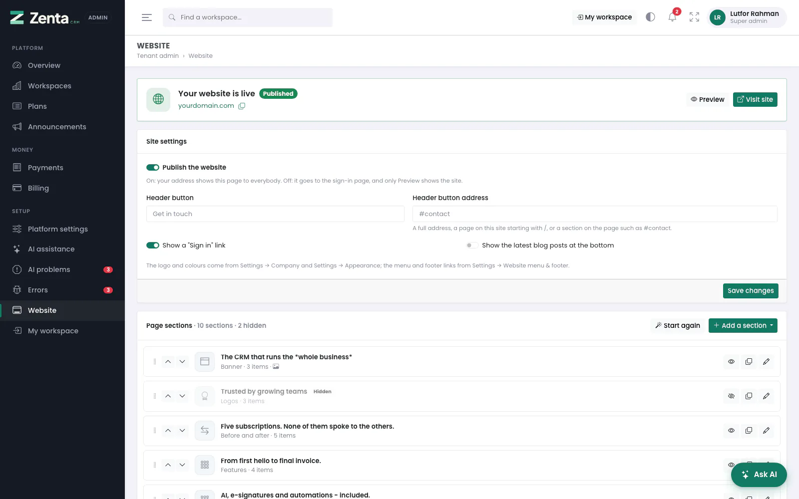 Tenant admin → Website: whether the site is live, its settings, its sections and the blog.