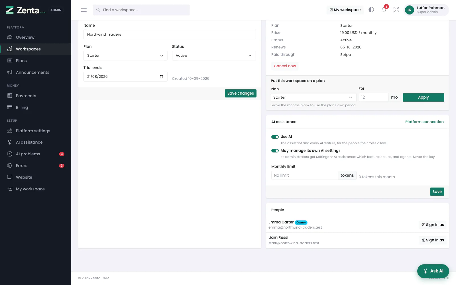 Further down a workspace's page: its AI access and its people, each with Sign in as.